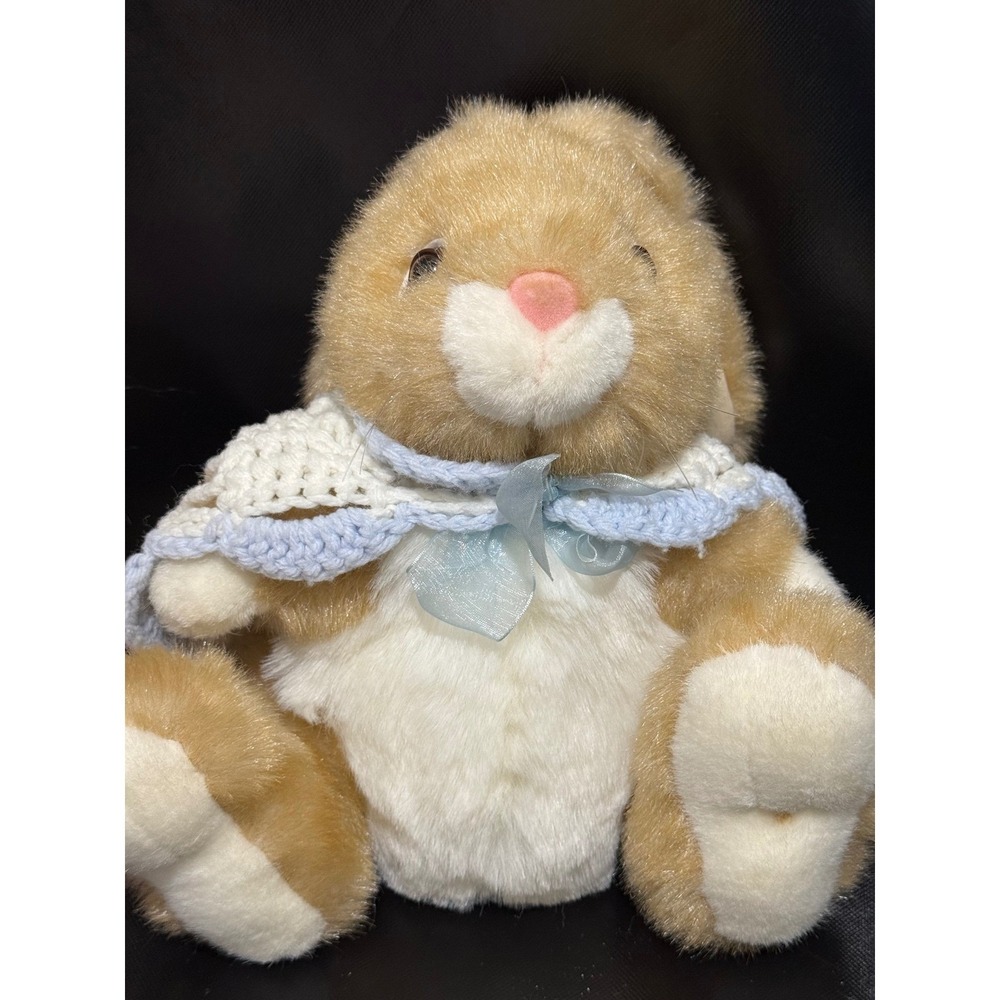 Vintage Plush Easter Bunny Rabbit Stuffed Animal Toy White Blue Crochet Shawl